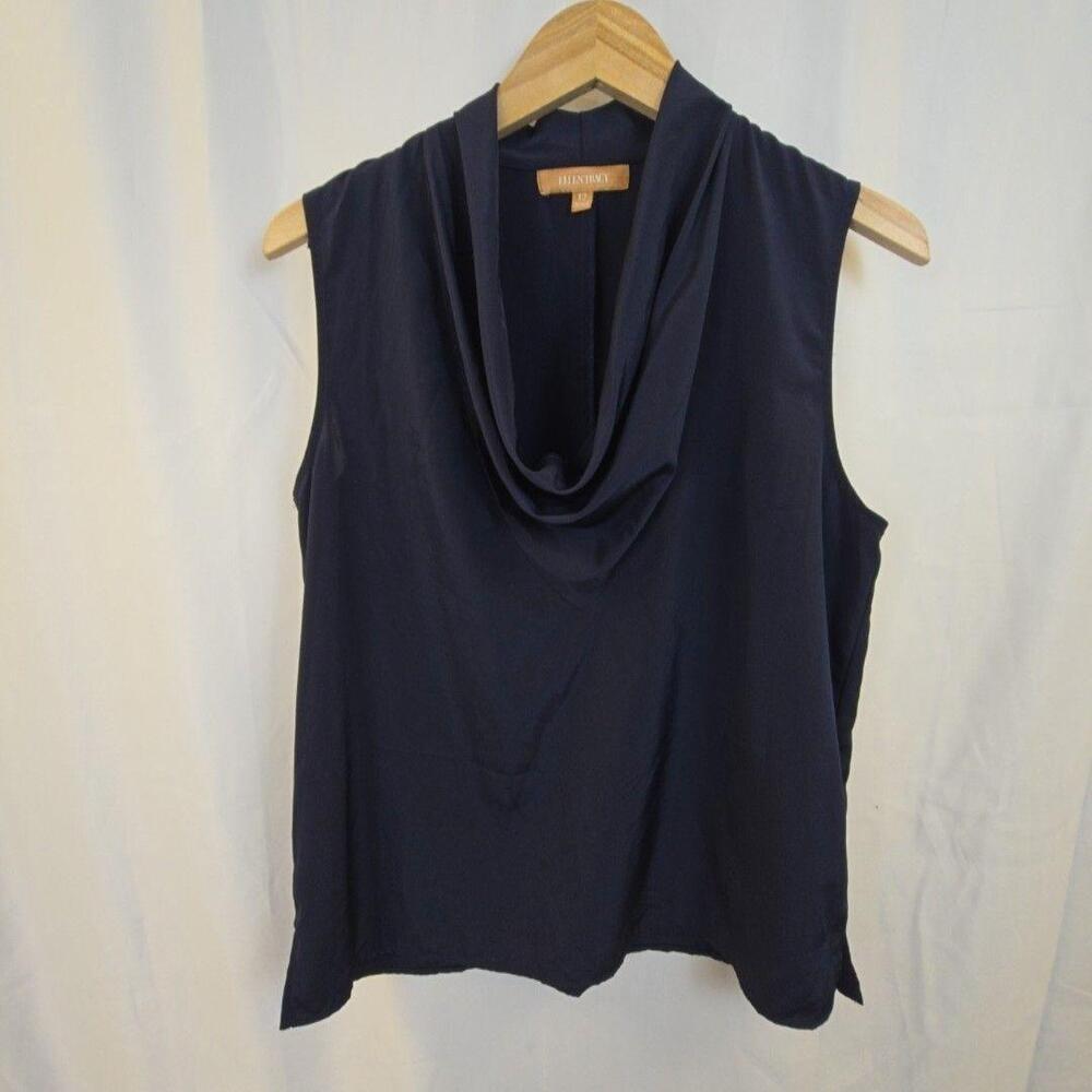Ellen Tracy Blouse Womens 12 Navy Blue Cowl Neck Sleeveless Top Office